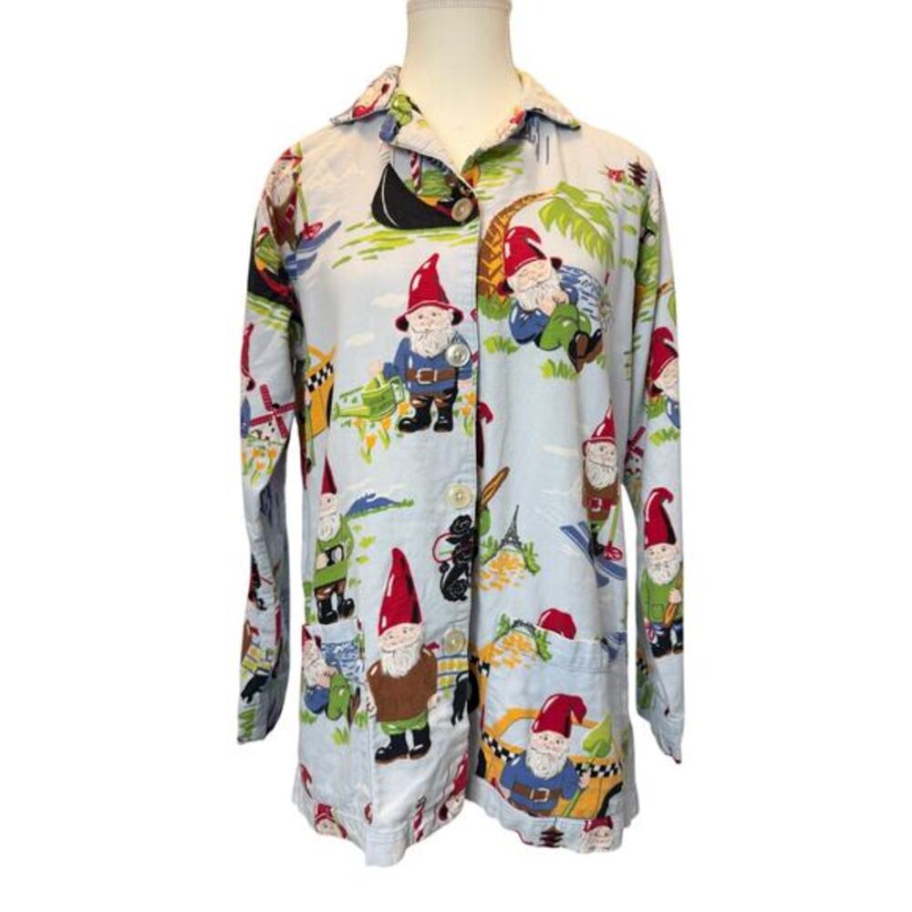 Nick & Nora S Traveling Gnome Print Flannel Pajama Top Cozy Cottagecore Long Slv